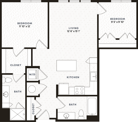 Floor plan for 2 beds, 2 baths, 950 sqft